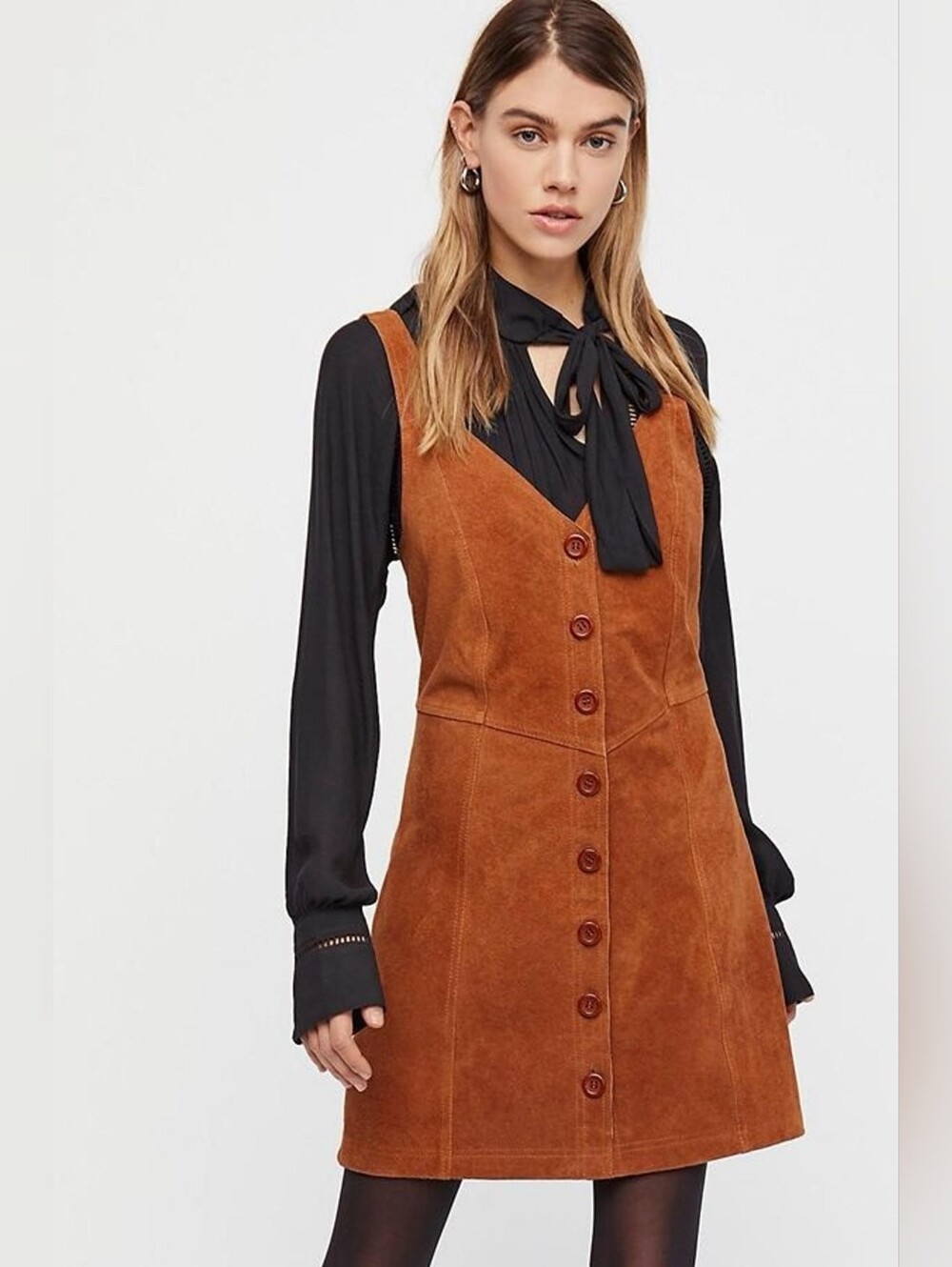 Free People tan brown Abbie 100% cow leather suede button-front mini dress